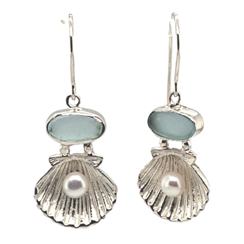 Silver Seashell Dangle Earrings with Round Pearls