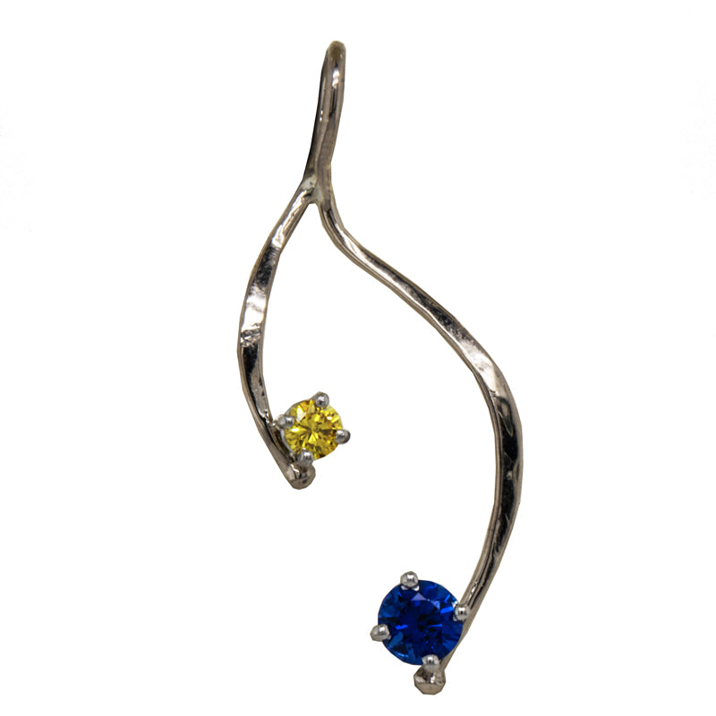 Blue Sapphire &amp; yellow Diamond Palladium White Gold Wishbone Pendant