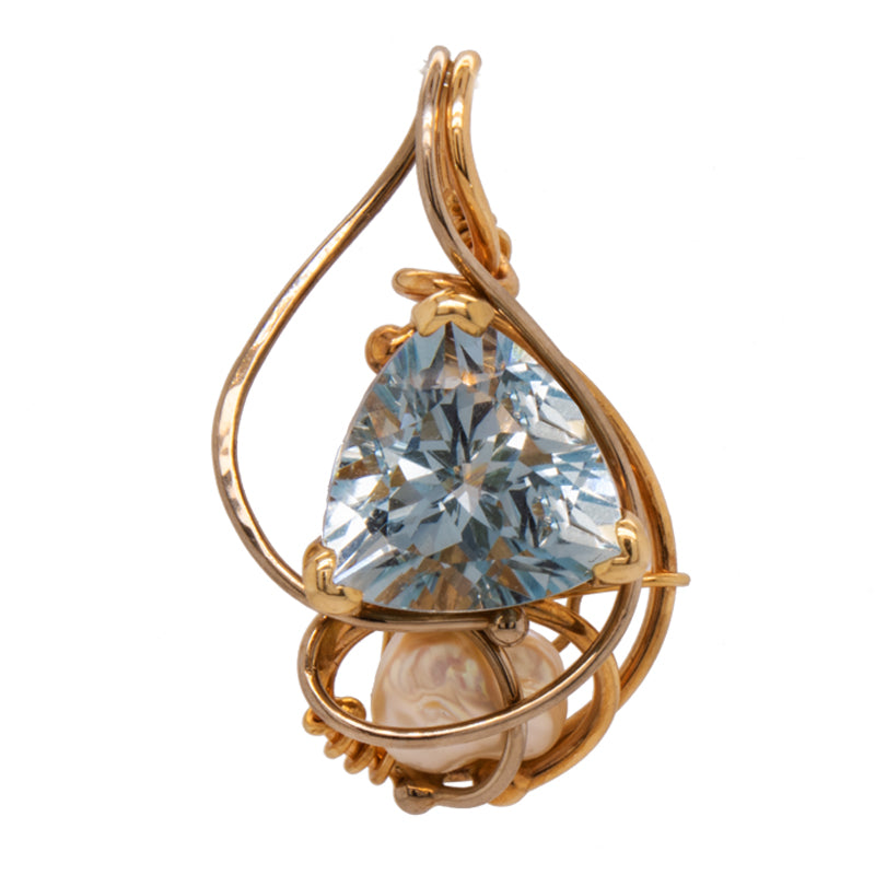 14k Yellow &amp; Palladium White Gold Aquamarine &amp; Keshi Pearl Seaweed Pendant