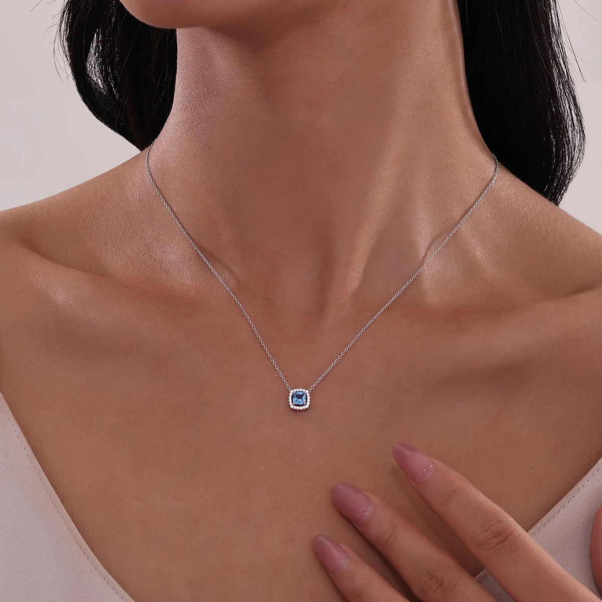 Jewelry By Gail - LaFonn - 0.76 CTW Cushion-Cut Halo Necklace - In Use