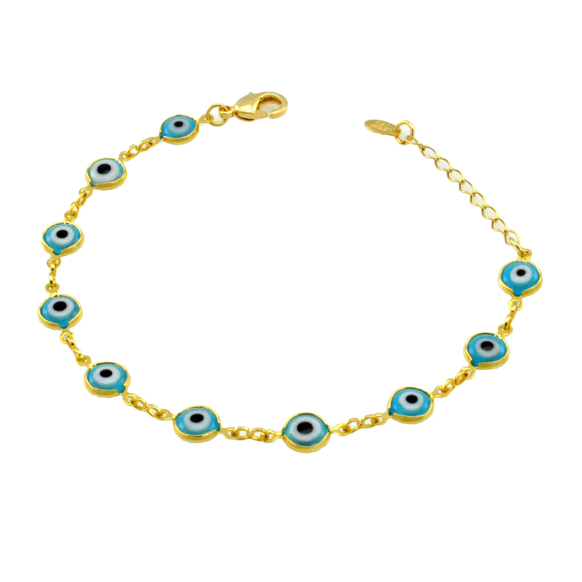 Jewelry By Gail - Sai Brazil - SB165BLU 18K Gold Plated Bracelet with Blue Evil Eyes - Front View