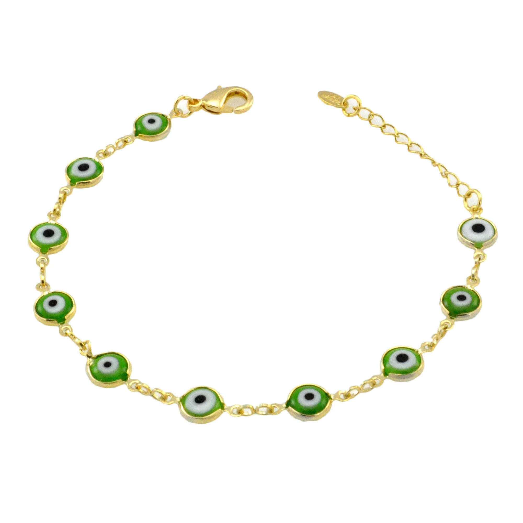 Jewelry By Gail - Sai Brazil - SB165GRE 18K Gold Plated Bracelet with Green Evil Eyes - Front View