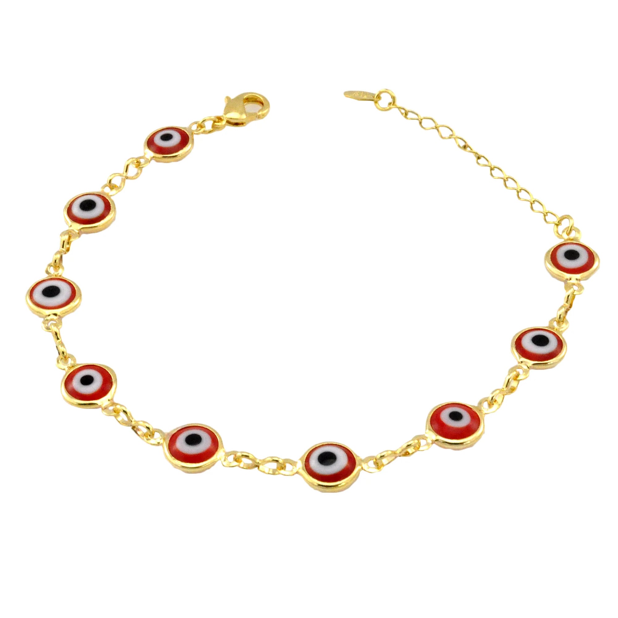 Jewelry By Gail - Sai Brazil - SB165RED 18K Gold Plated Bracelet with Red Evil Eyes - Front View