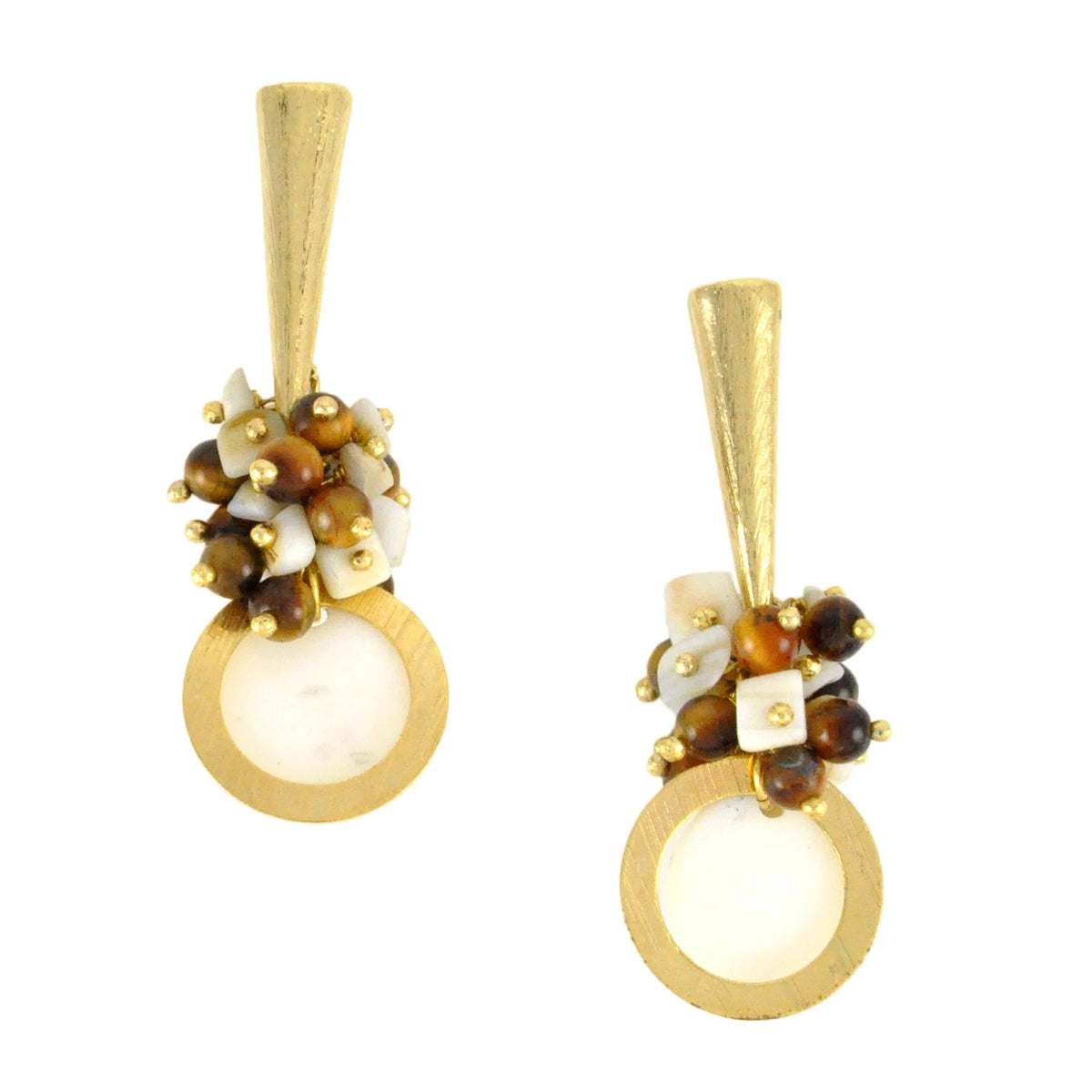 Jewelry By Gail - Sai Brazil - SE603 18K Gold Plated Earrings with Tiger Eye and Mother of Pearl Stones - Front View