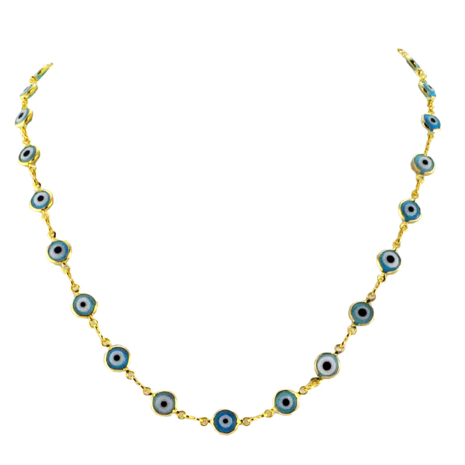 Jewelry By Gail - Sai Brazil - SN222BLU Gold Plated Necklace with Blue-Eyed Beads - Front View