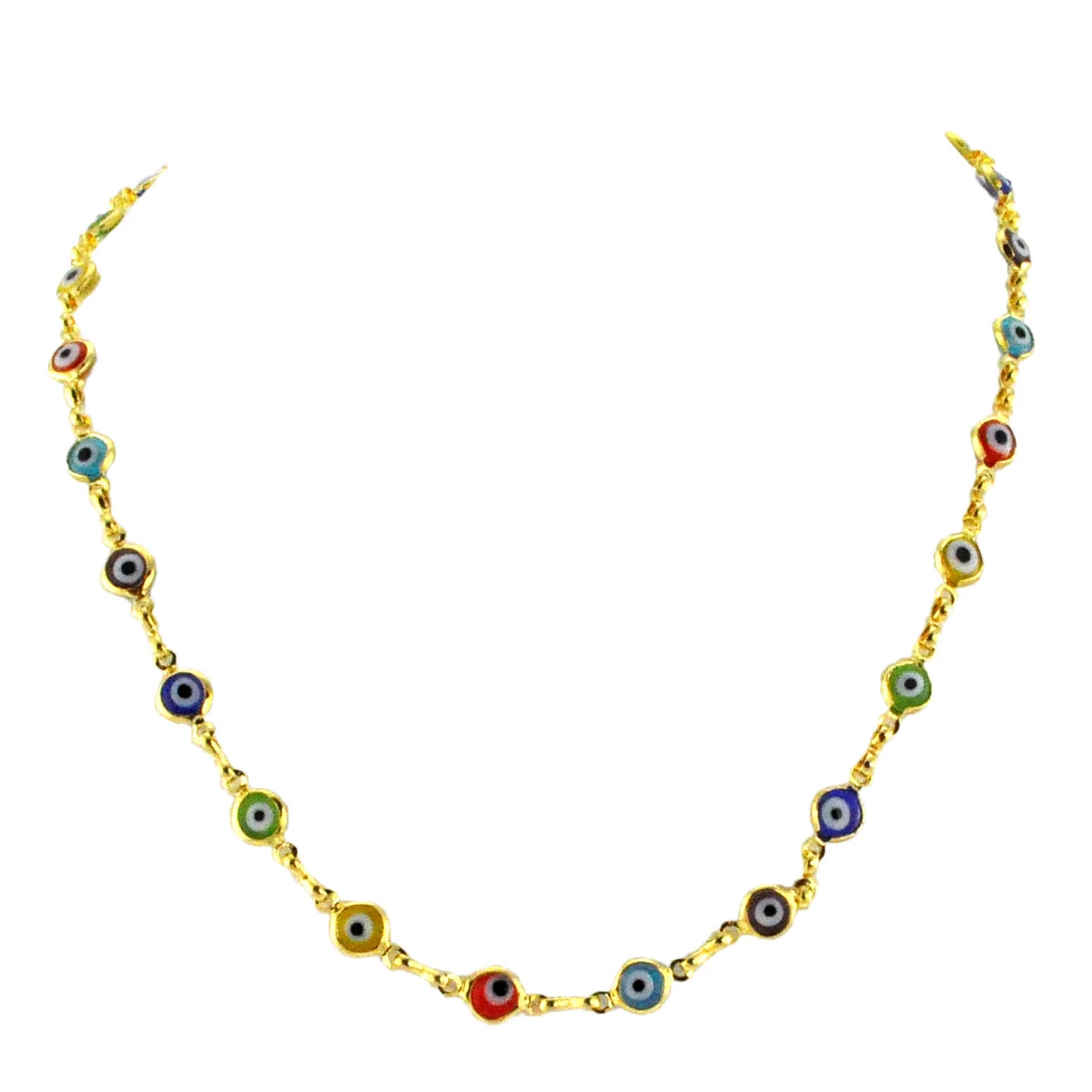 Jewelry By Gail - Sai Brazil - SN222MT Gold Plated Necklace with Multicolored Evil Eye Beads - Front View