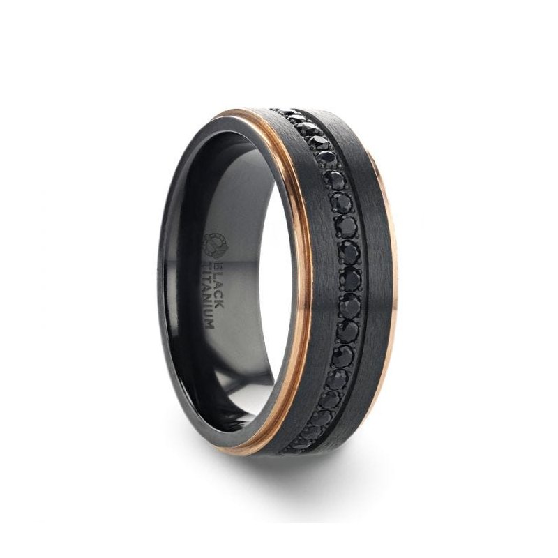 Jewelry By Gail - Thorsten Rings - ASTRO Flat Brushed Black Titanium Ring with Rose Gold Plated Edge &amp; Black Sapphire Settings - Front View