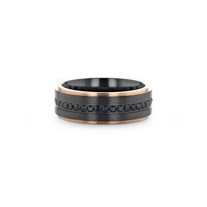 Jewelry By Gail - Thorsten Rings - ASTRO Flat Brushed Black Titanium Ring with Rose Gold Plated Edge &amp; Black Sapphire Settings