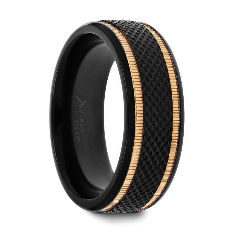 Jewelry By Gail - Thorsten Rings - BAROQUE Black Titanium Diamond Pattern Brushed Finish Men&#39;s Wedding Ring with Gold Milgrain Grooves - Front View