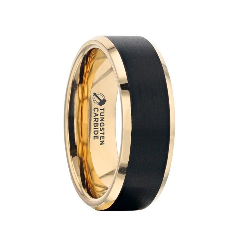 Thorsten Gold Plated Tungsten Polished Beveled Ring with Brushed Black Center -6mm or 8mm - GASTON Thorsten Gold Plated Tungsten Polished Beveled Ring with Brushed Black Center -6mm or 8mm - GASTON