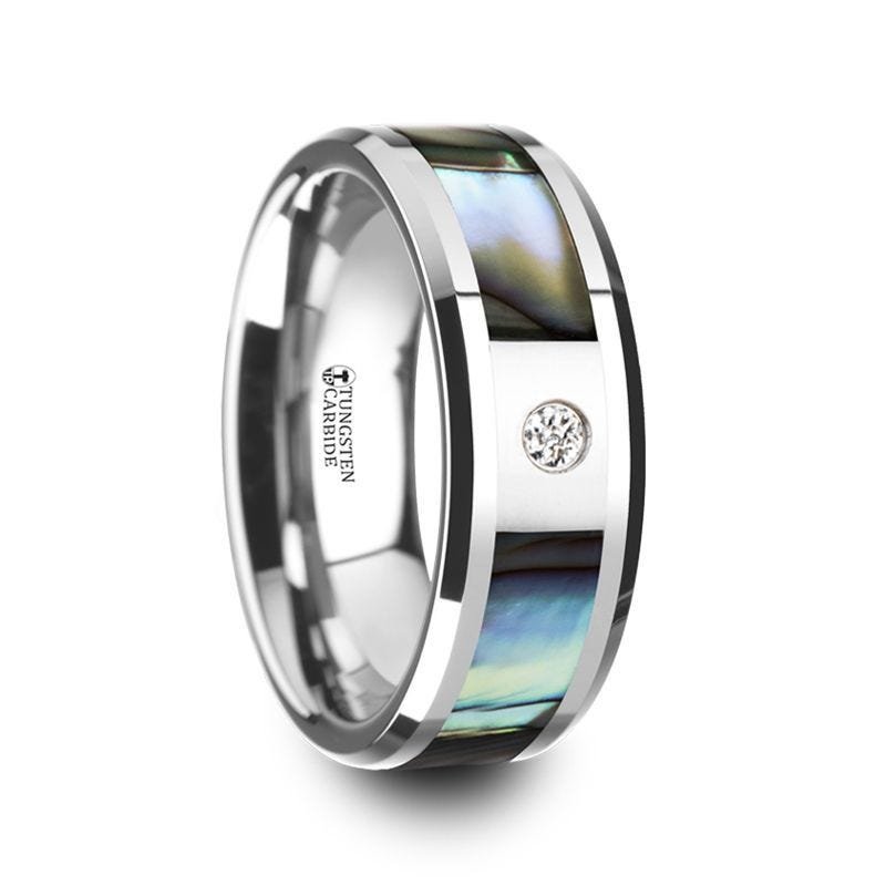 Jewelry By Gail - Thorsten Rings - Honolulu Mother of Pearl Inlay Tungsten Carbide Ring with Beveled Edges &amp; White Diamond - Front View