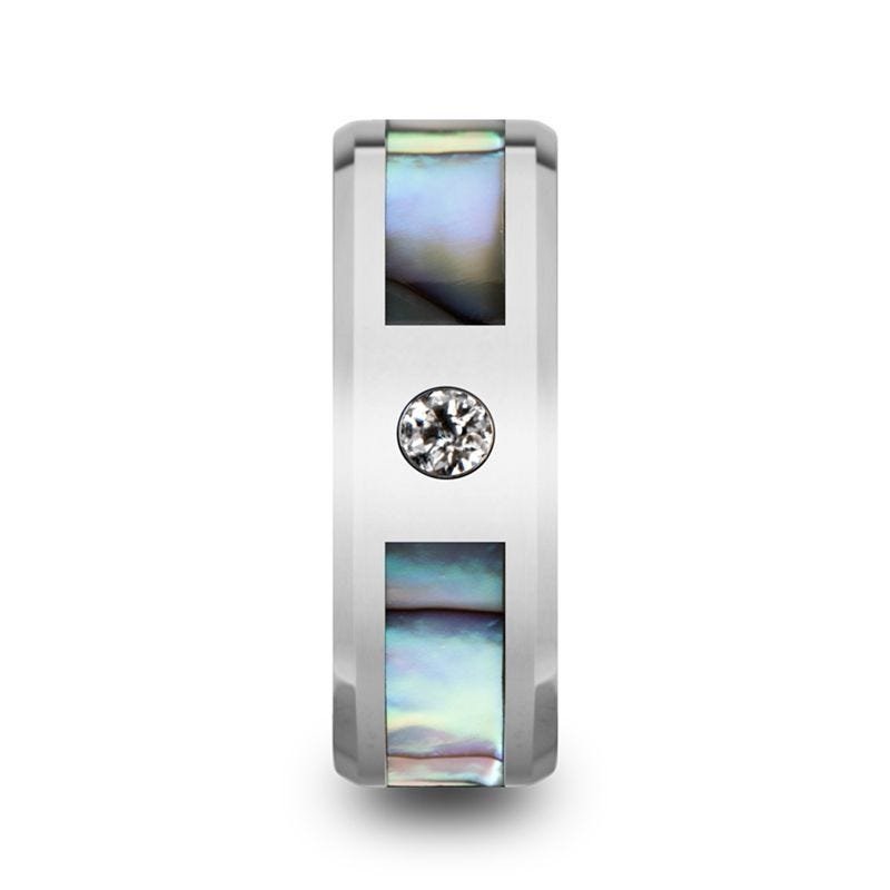 Jewelry By Gail - Thorsten Rings - Honolulu Mother of Pearl Inlay Tungsten Carbide Ring with Beveled Edges &amp; White Diamond