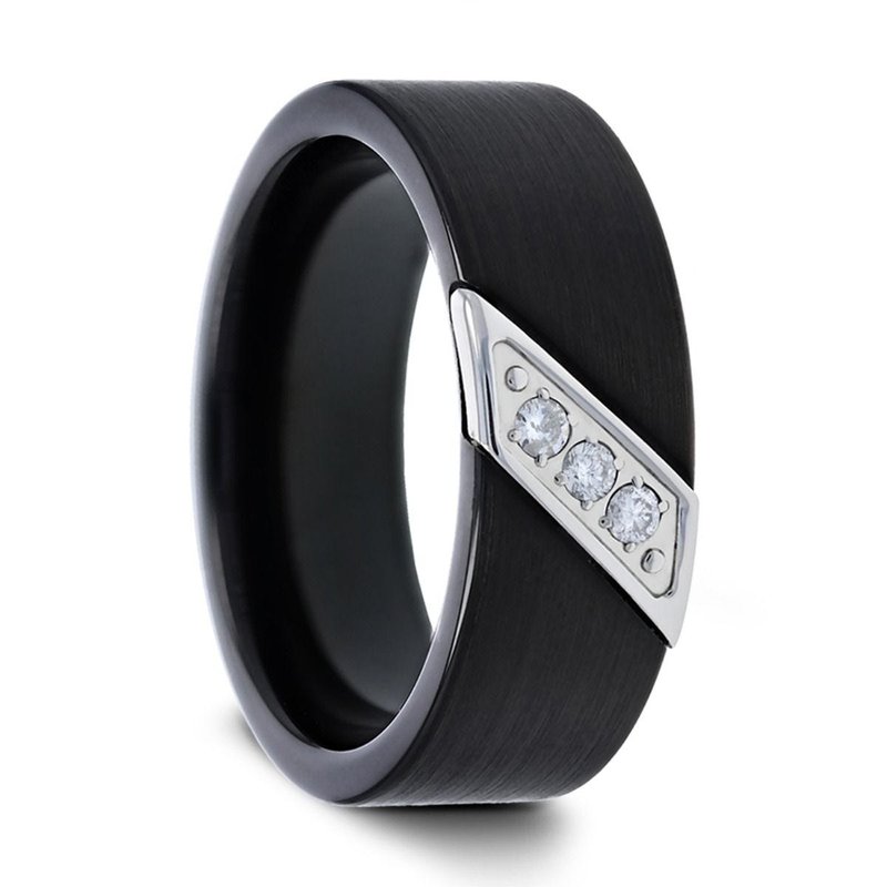 Jewelry By Gail - Thorsten Rings - LIAM Flat Black Satin Finished Tungsten Carbide Wedding Band with Diagonal Diamonds Set in Stainless Steel - Front View