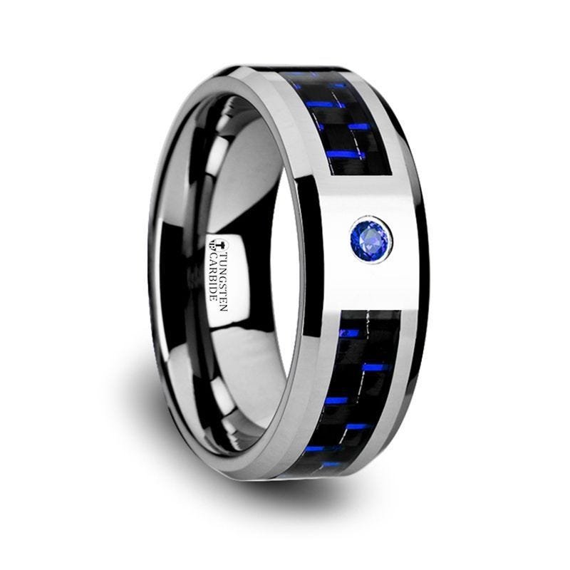 Jewelry By Gail - Thorsten Rings - NEPTUNE Tungsten Carbide Ring with Black &amp; Blue Carbon Fiber &amp; Blue Sapphire Setting - Front View