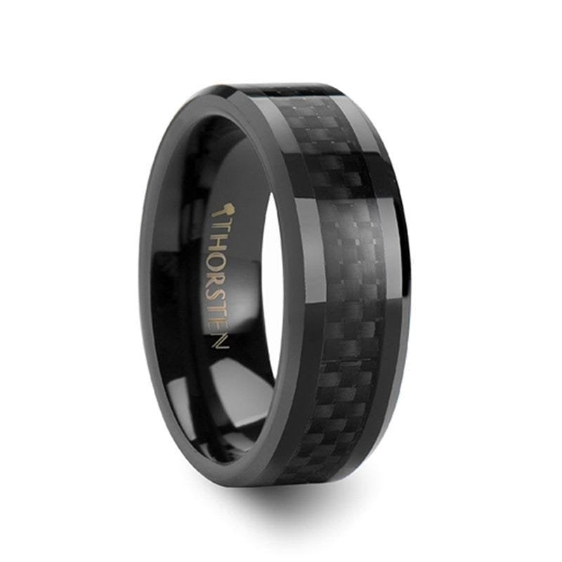 Jewelry By Gail - Thorsten Rings - ONYX Black Carbon Fiber Inlaid Black Ceramic Wedding Band