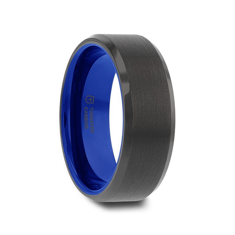 Jewelry By Gail - Thorsten Rings - RIGEL Flat Beveled Edges Black Tungsten Ring with Brushed Center &amp; Vibrant Blue Inside