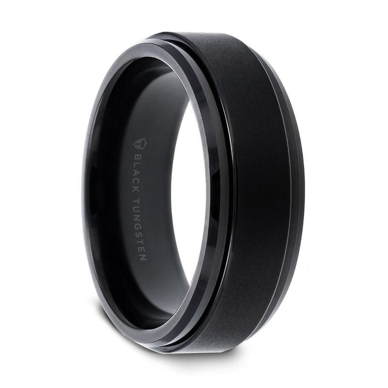 Jewelry By Gail - Thorsten Rings - Revolve Black Tungsten Brushed Finish Spinner Ring Polished Base Spinning Wedding Band