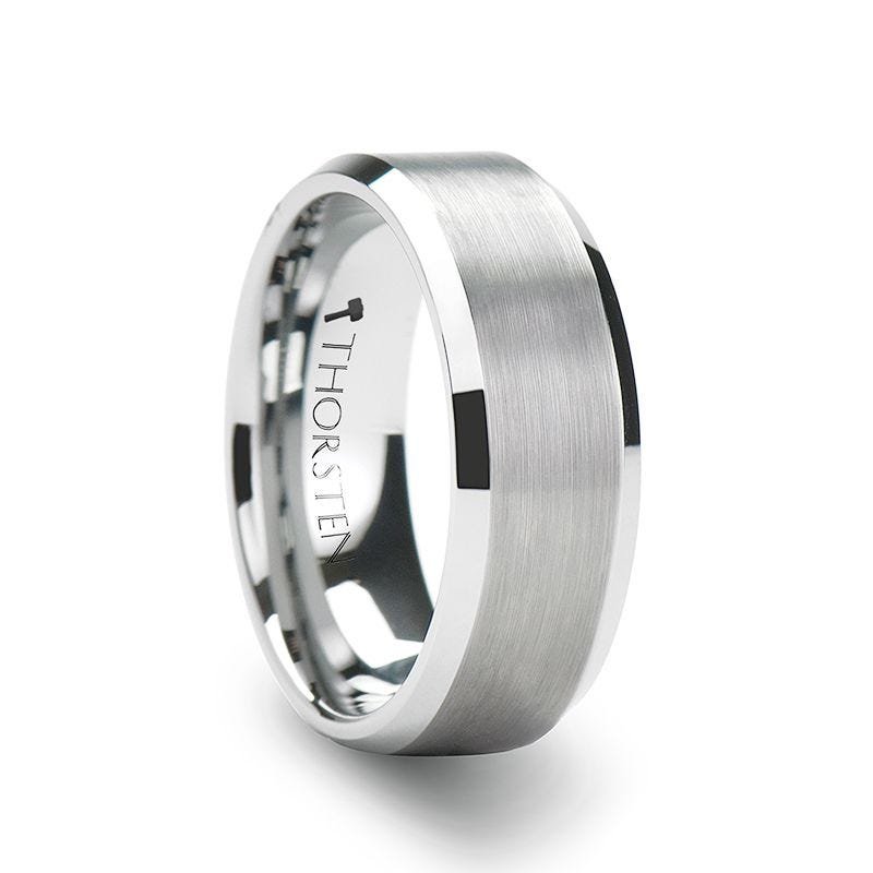 Jewelry By Gail - Thorsten Rings - SHEFFIELD Flat Beveled Edges Tungsten Ring with Brushed Center