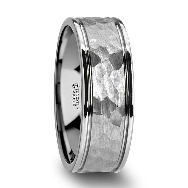 Jewelry By Gail - Thorsten Rings - THORNTON Hammered Finish Center White Tungsten Carbide Wedding Band with Dual Offset Grooves &amp; Polished Edges