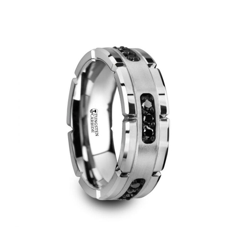 Jewelry By Gail - Thorsten Rings - VALOR Grooved Tungsten Ring with Silver Inlay &amp; Black Diamonds - Front View