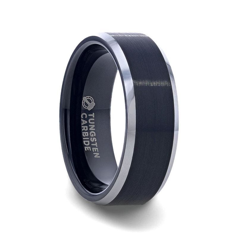 Jewelry By Gails - Thorsten Rings - ASTON Black Brushed Center Tungsten Ring with Polished Beveled Edges