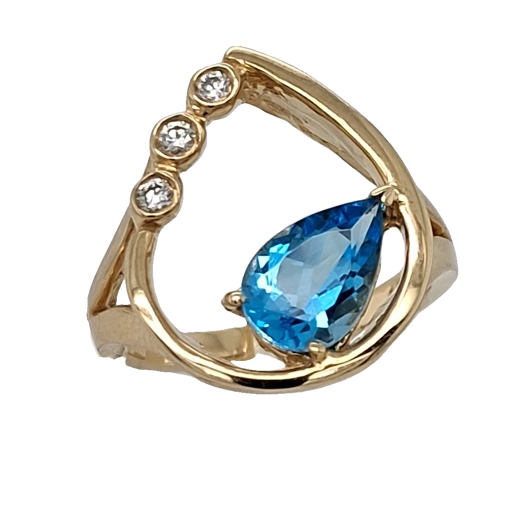 Blue Topaz &amp; Diamond Tear Drop Ring