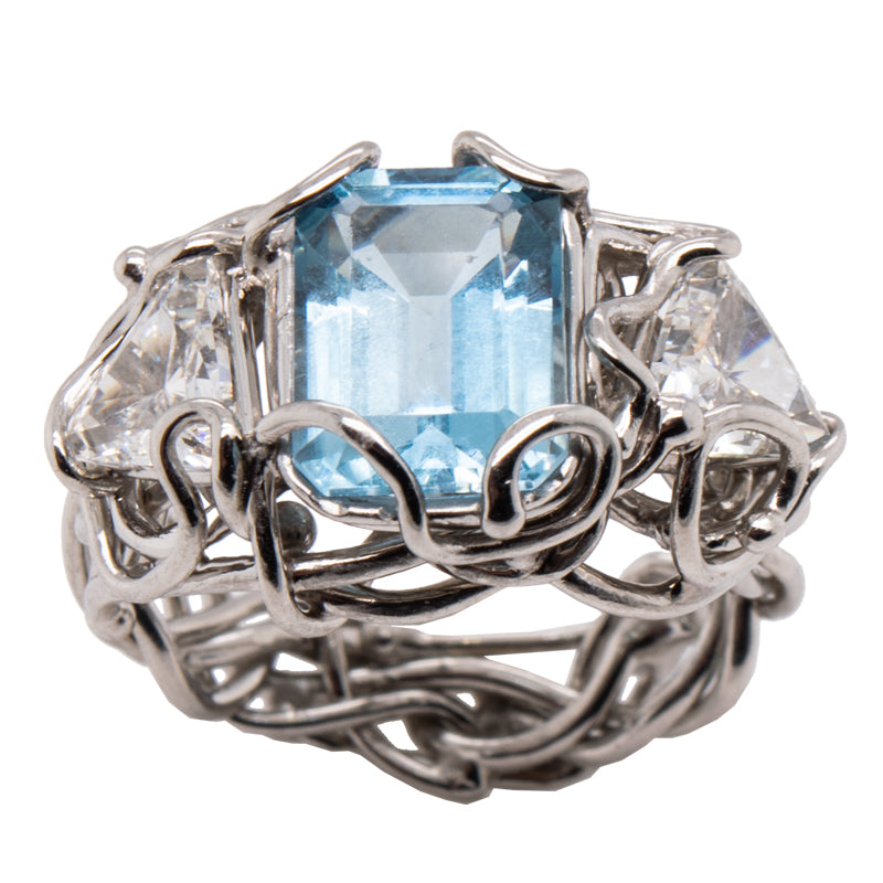 Aquamarine &amp; Diamond JBG Platinum Woven Ring