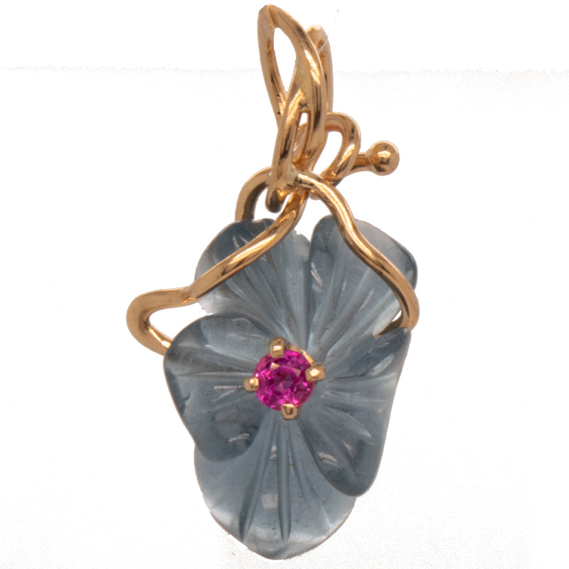 Carved Aquamarine Flower &amp; Pink Sapphire Pendant