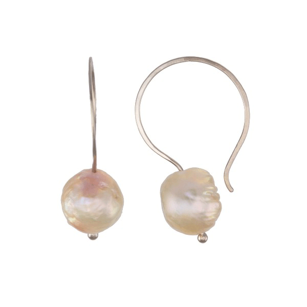 Peach-White Baroque Pearl &quot;Saturn Hoops&quot;