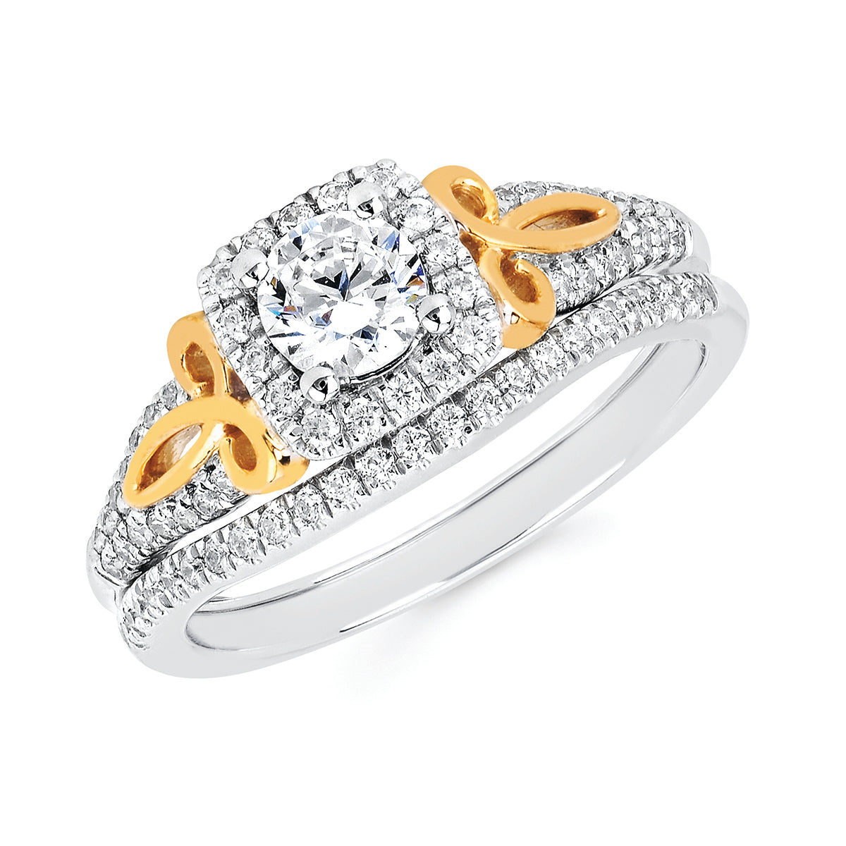 Halo Bridal Platinum &amp; 14k Yellow Gold Engagement Set